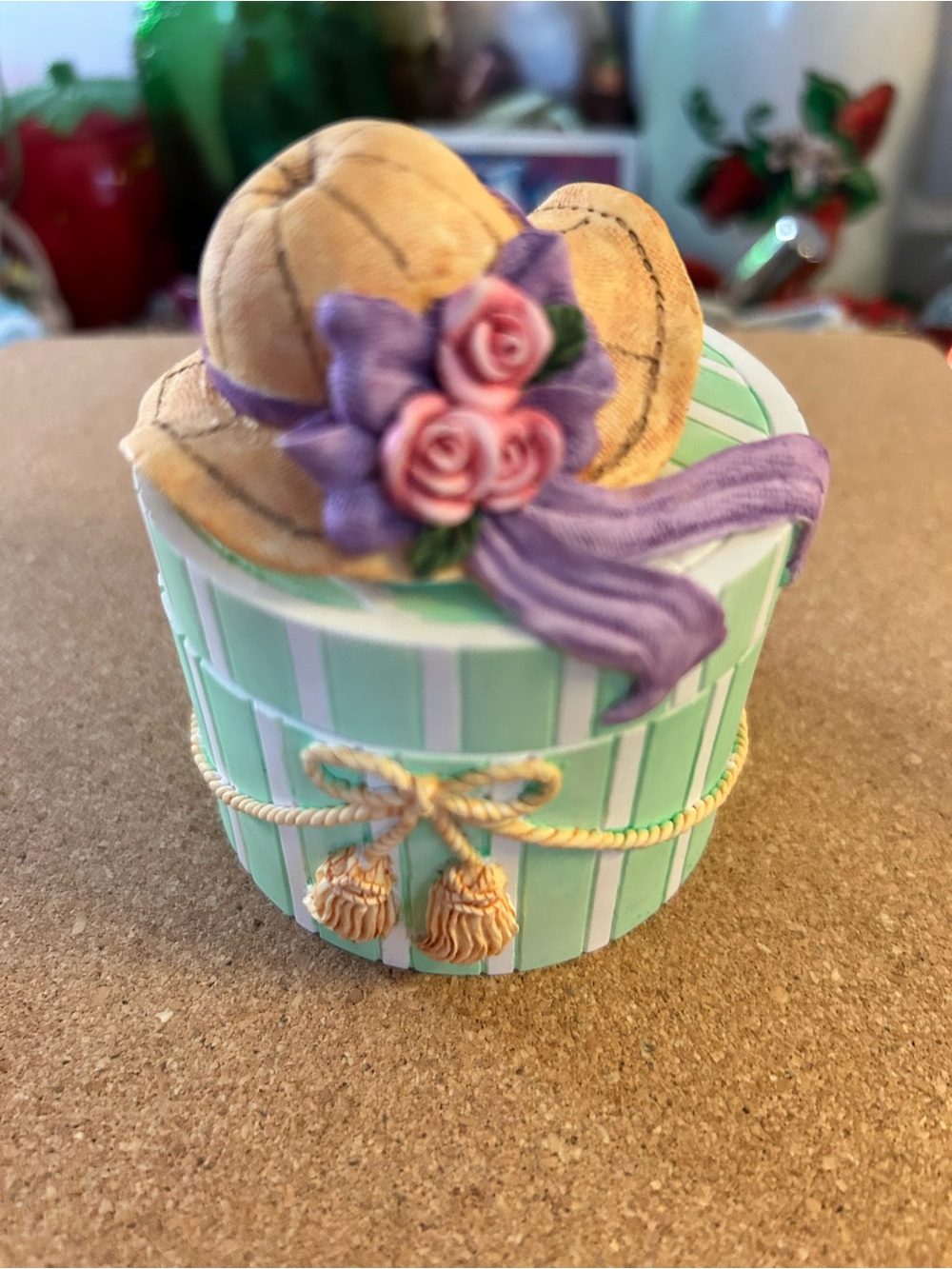 Vintage Trinket Box Decorative Mint Green Jewelry Box with Floral Hat Accent box
